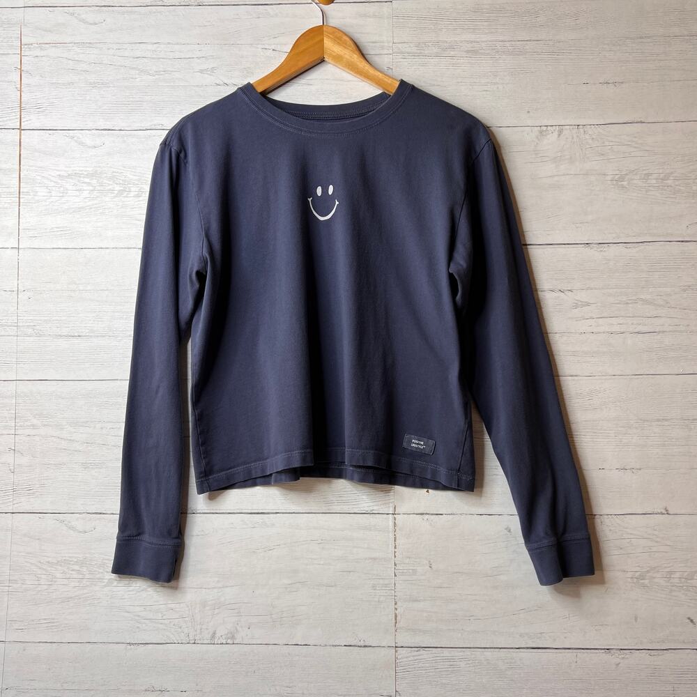 Life is Good Tee Womens SZ Small Petite Dark Slate Blue Long Sleeve 100% Cotton